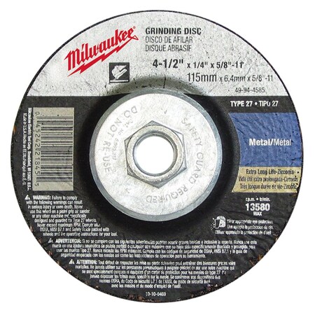 Milwaukee Tool 4-1/2" x 1/4" x 5/8-11" Grinding Wheel (Type 27) 49-94-4585